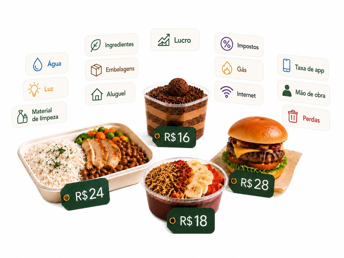 Diversos custos de um negócio de alimentação em volta dos pratos com suas etiquetas de preço